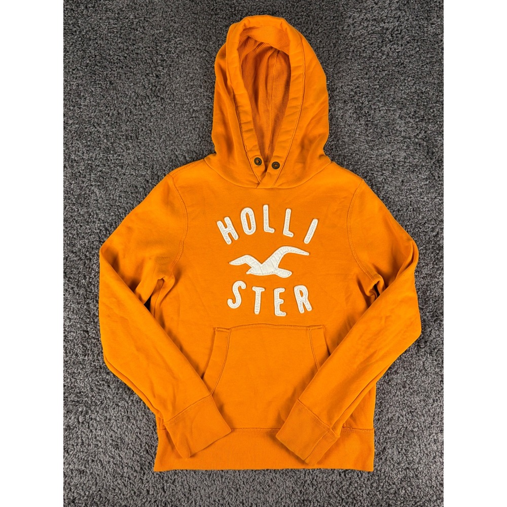 Hollister California Mens Orange Logo Hoodie Y2K Waffle Hood Sweatshirt Small